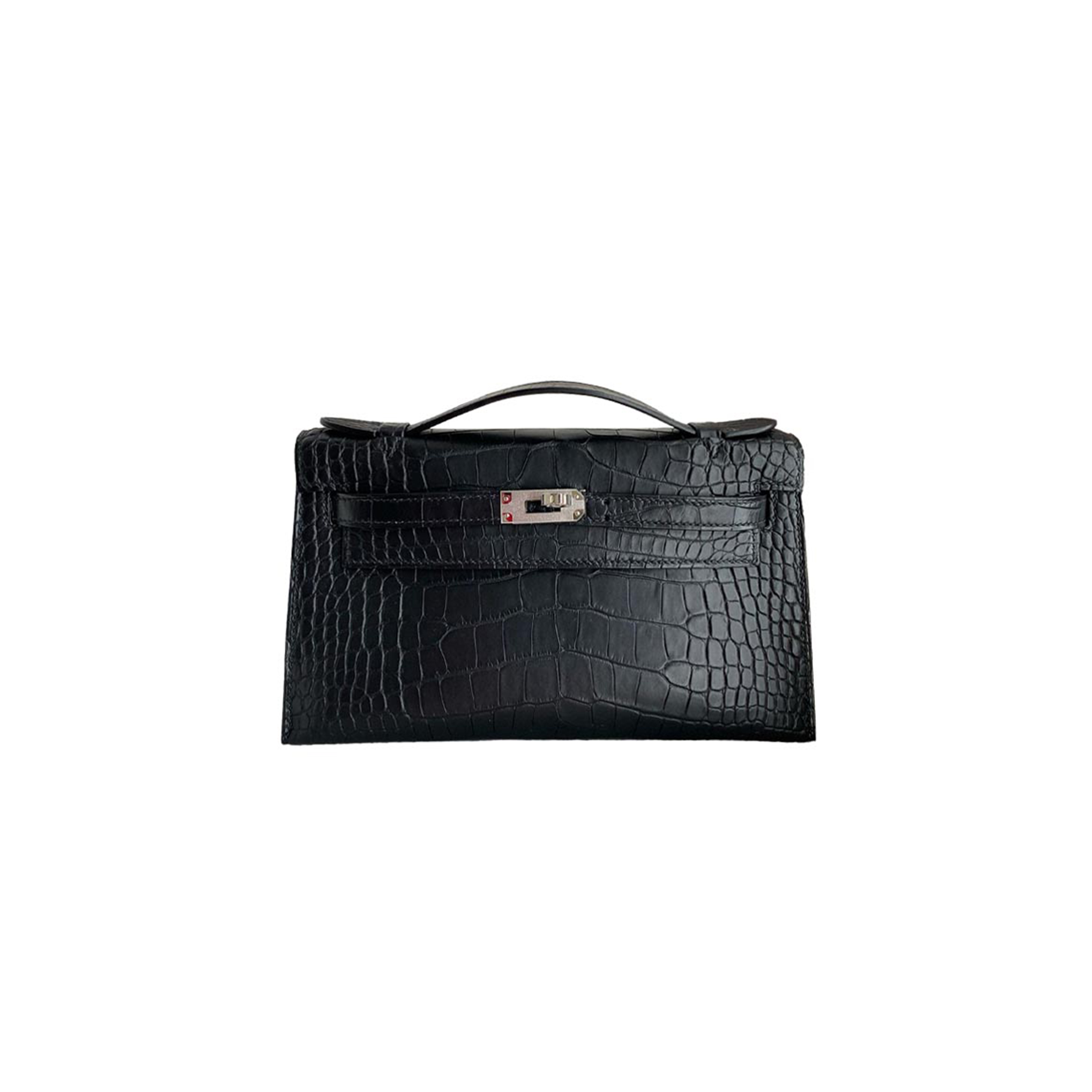 HERMÈS MASTER KELLY POCHETTE BAG MATTE BLACK CROCODILE CLUTCH PALLADIUM (22*14*7cm)